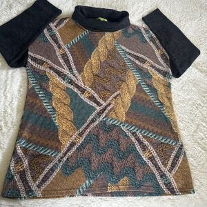 Trisha Tyler Abstract Print Mock Neck Top | Artsy Lagenlook Long Sleeve | Size M